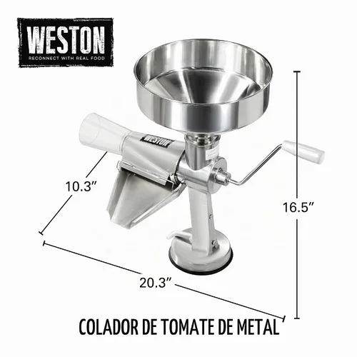 Vista 7 de Weston Colador de tomate de metal, tolva de 1 galón, acero inoxidable Dual Mount System Attaches To Many Surfaces Splash Guard Includes