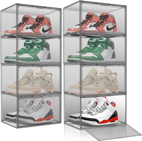 Vista 21 de Paquete de 2 cajas de zapatos de acrílico para armario, transparentes, apilables, tamaño 12 contenedores de almacenamiento de zapatos con tapas