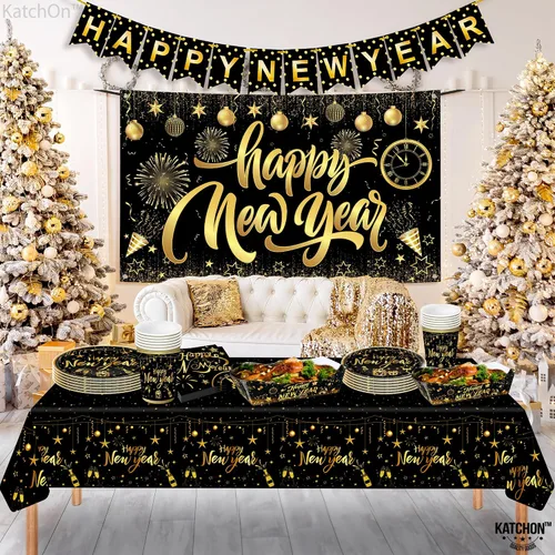 Vista 6 de KatchOn, Juego enorme de decoraciones de mesa de Año Nuevo, paquete de 117 Suministros de fiesta de Feliz Año Nuevo 2026 Cartel de Feliz Año