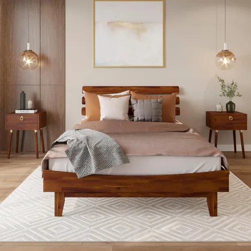 Vista 19 de Bme Caden - Base de cama de 15 pulgadas con cabecera ajustable, estilo retro de mediados de siglo, con madera de acacia, no necesita somier, 12