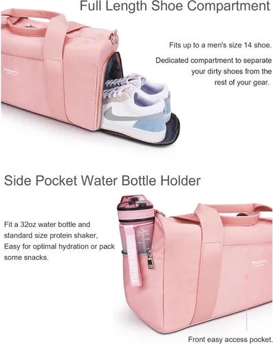 Vista 4 de Bolsa de gimnasio rosa para mujeres y niñas con compartimento para zapatos y bolsillo húmedo - Bolsa de lona para viajes, deportes, fitness