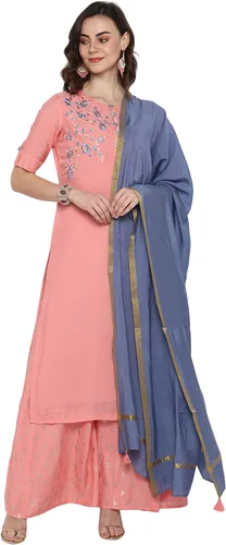 Vista 3 de Janasya Kurta de muselina de poli rosa para mujer india con Palazzo y Dupatta
