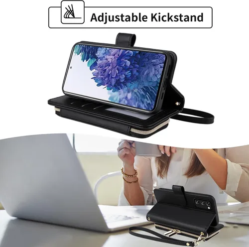 Vista 3 de Funda de Cartera para Samsung Galaxy S20 FE 5G de 6.5 Pulgadas con Correa para Muñeca, Billetera con Cremallera y más de 9 Ranuras para Tarjetas