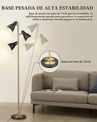 Vista 7 de ELYONA Lámpara de pie con árbol dorado con 3 luces giratorias ajustables, luces de pie industriales de poste alto de metal con 3 bombillas LED