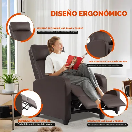 Vista 3 de BestMassage Silla reclinable con función de masaje de 2 puntos Cuero sintético marrón con soporte lumbar, empuje ajustable hacia atrás, PU