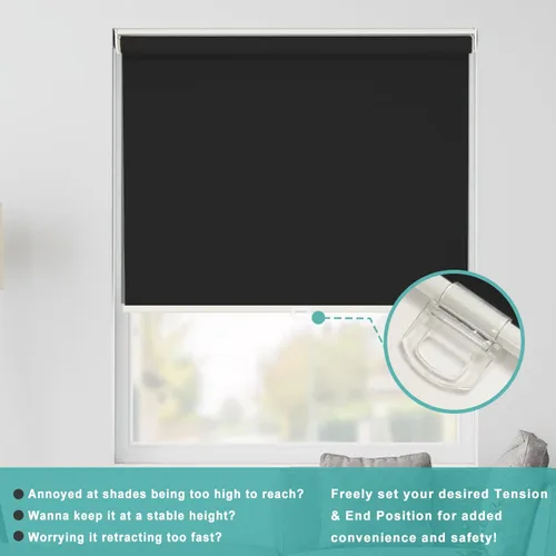 Vista 7 de Changshade - Persianas enrollables 100% opacas para ventanas, sin cordones, con parada libre y valance, persianas enrollables con aislamiento 2-Negro