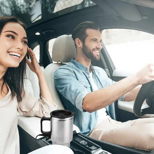 Vista 7 de Taza térmica de viaje de acero inoxidable de 12V 15.2 fl oz, taza de viaje con aislamiento eléctrico, taza de calefacción para coche, para café, té