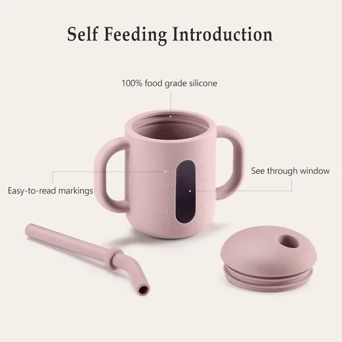 Vista 2 de CLYMENE Taza de entrenamiento de silicona con popote y asas, taza para beber para bebé, taza para beber agua para bebés y niños pequeños de 6 meses