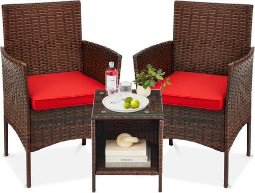 Vista 13 de Best Choice Products Juego de 3 piezas de mimbre para conversación al aire libre, muebles de patio que ahorran espacio para jardín con mesa