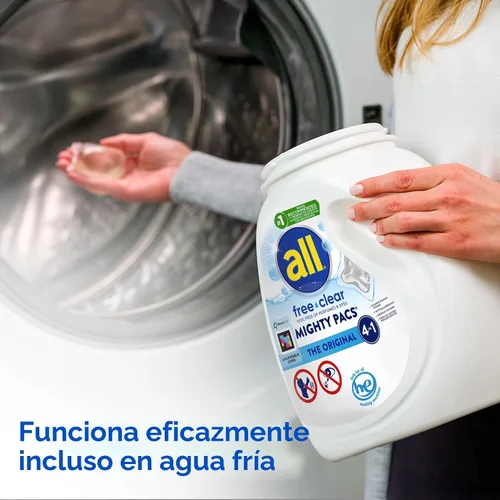Vista 4 de All Mighty Pacs Detergente para Ropa, Sin Fragancia Sin Colorantes para Piel Sensible, Envase, 60