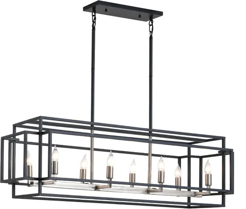 Vista 13 de Iluminación rústica de isla de cocina de granja, lámpara de 5 luces para comedor sobre mesa, lámpara de araña de madera rústica rectangular, lámpara
