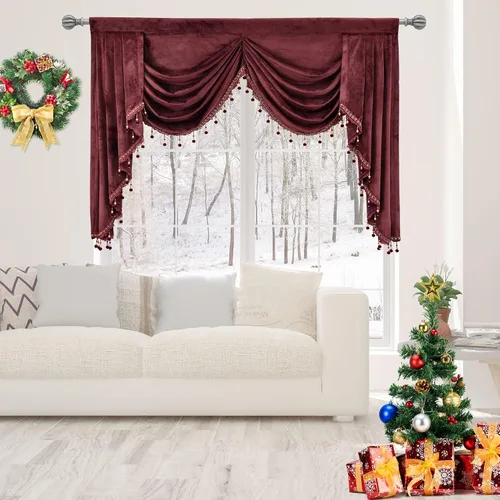Vista 23 de Toppers Beige de Cortinas de Ventana para Sala de Estar - Cenefa de Cascada de Terciopelo para Dormitorio (1 Panel, 39 Pulgadas de Ancho, Marfil)