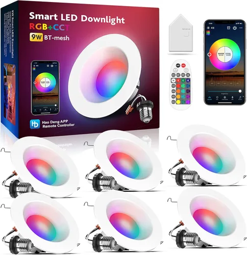 Vista 11 de Luz de lata inteligente de 6 pulgadas, multicolor, atenuada, 2700K-6500K CCT seleccionable, iluminación LED empotrable RGB remota, paquete de 4