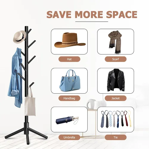 Vista 8 de Perchero, Percheros independientes con 8 ganchos, 3 alturas ajustables para ropa, sombreros, bolsos, árbol perchero de fácil montaje para entrada
