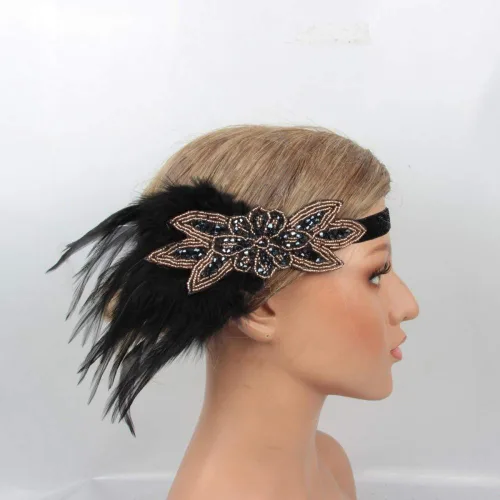 Vista 3 de Diadema vintage de los años 20 con diseño de flapper Great Gatsby 20 Showgirl con plumas rugidas de cristal negro y bronce