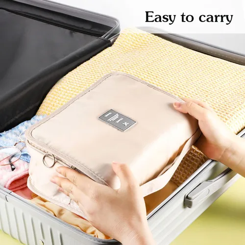 Vista 5 de Pengxiaomei Neceser para mujer, bolsa de cosméticos impermeable para colgar, bolsa portátil de maquillaje de viaje, bolsa de baño con asa Beige