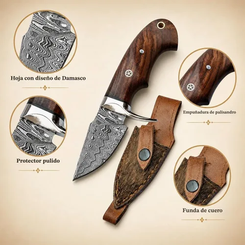 Vista 3 de Cuchillo de Desollar para Cuello de Acero de Damasco Hecho a Mano de 6", Mango de Palisandro con Protector de Acero y Funda de Cuero, Mejor Regalo
