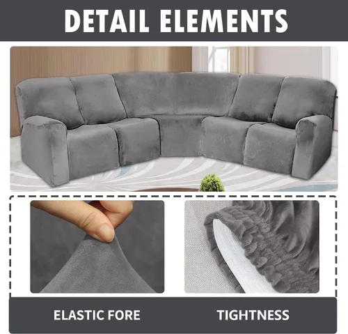 Vista 3 de ele ELEOPTION Fundas de terciopelo para sofá reclinable de 5 asientos, 7 piezas, fundas para sofá modular en forma de L, protector elástico para Gris