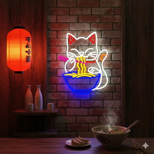 Vista 2 de Letrero de neón de gato de la fortuna Ramen, letrero de neón LED de gato de la suerte japonés regulable para decoración de pared, alimentado por USB