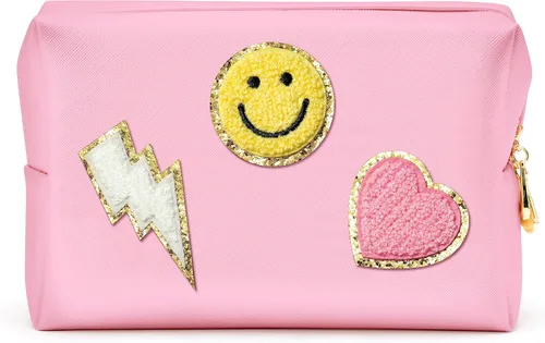 Vista 9 de LieToi - Bolsa de aseo pequeña con parche preparado, sonrisa, relámpago, corazón, arcoíris, de piel sintética, bolsa de maquillaje impermeable Azul