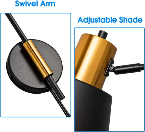 Vista 3 de Juego de 2 apliques de pared modernos con brazo oscilante para enchufar, luces de pared negras giratorias con cable de encendido/apagado