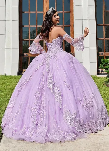 Vista 2 de POMUYOO Women's Sweetheart Quinceanera Dresses Ball Gown Lace Appliques Puffy Sleeve Prom Sweet 16 Dress