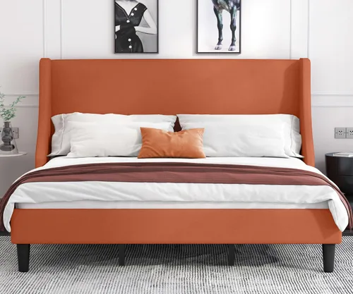 Vista 10 de Allewie Marco de Cama de Plataforma Tamaño King con Cabecera Tapizada, Respaldo Wingback Moderno de Lujo, Soporte de Listones de Madera, Base