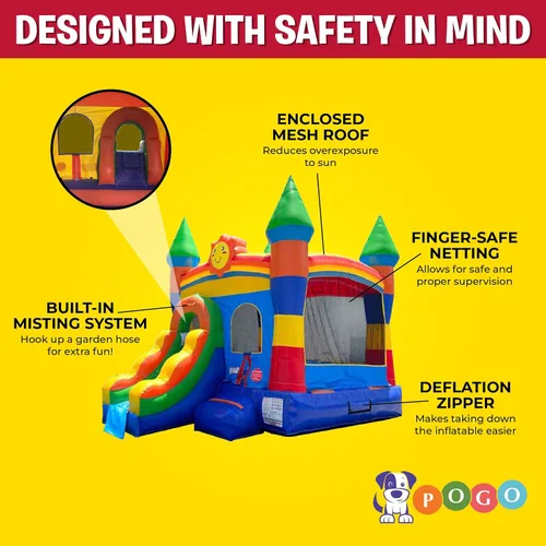 Vista 13 de Pogo Bounce House Crossover inflable con tobogán sin soplador, arcoíris sonriente 18 x 12 x 14.5 Foot Bounce House Combo Waterslide with