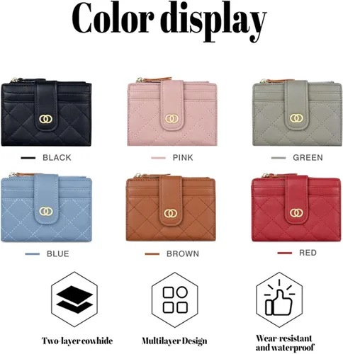 Vista 4 de Cartera pequeña para mujer, de cuero, plegable, con bloqueo RFID, tarjetero compacto para tarjetas de crédito, cartera, Negro -, Billetera Billetera