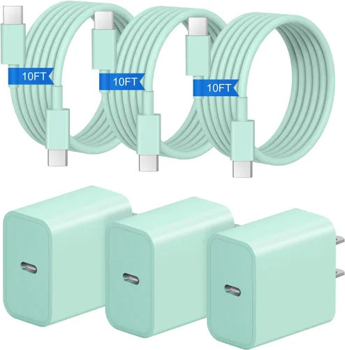 Vista 18 de Cargador de carga rápida para iPhone 17, 16, 15, paquete de 3+3 cargadores de pared USB C de 20 W con cable de carga rápida de 6 pies compatible