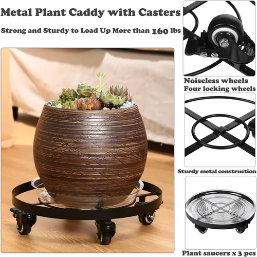 Vista 2 de Paquete de 3 posavasos de metal para plantas de 10.6 pulgadas, con ruedas, soporte rodante resistente para plantas con ruedas para interiores y Negro