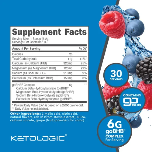 Vista 2 de Ketologic Keto BHB (sabor a bayas mixtas) 30 porciones - Suplemento de cetona exógena con goBHB, sales de beta-hidroxibutirato Suplemento