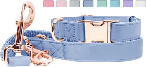 Vista 12 de Juego de collar y correa de cuero suave para perro (6.6 pies), elegante hebilla de metal resistente de oro rosa, correa de 4 longitudes ajustables