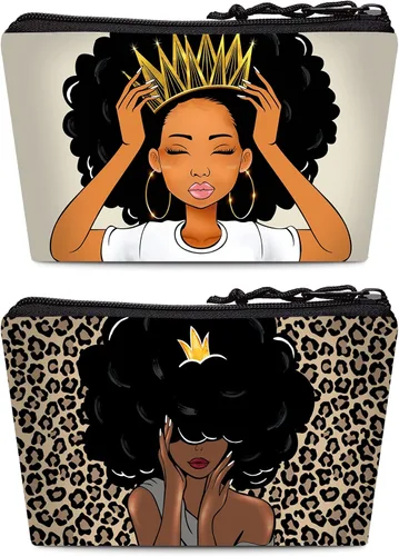 Vista 9 de Bolsa de maquillaje Melanin para mujer, bolsa de cosméticos impresa portátil, bolsa de aseo de viaje, bolsa organizadora de maquillaje para mujeres