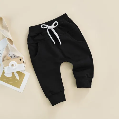Vista 3 de lingsahng Pantalones de bebé para niño pequeño, cintura elástica, mezcla de algodón, pantalones deportivos holgados y largos, ropa de bebé, Negro