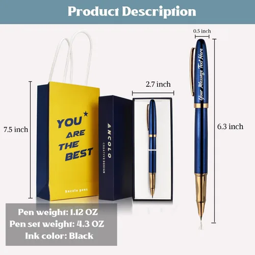 Vista 5 de Ancolo Pluma estilográfica personalizada con cuerpo de metal con caja para bolígrafos, 2 cartuchos de tinta negra personalizados con tu mensaje
