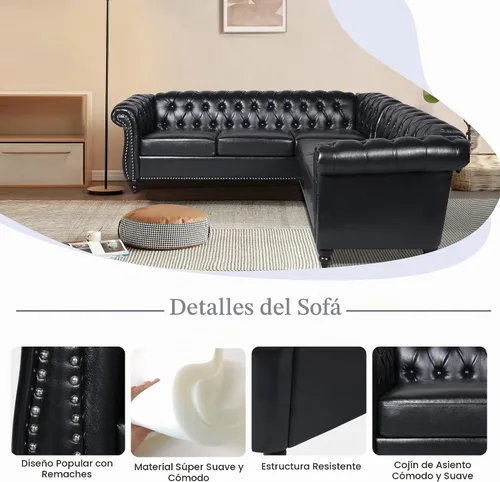 Vista 4 de ORRD Sofá seccional pequeño en forma de L, sofá Chesterfield de cuero copetudo con brazos de desplazamiento y cabeza de clavo para sala de estar