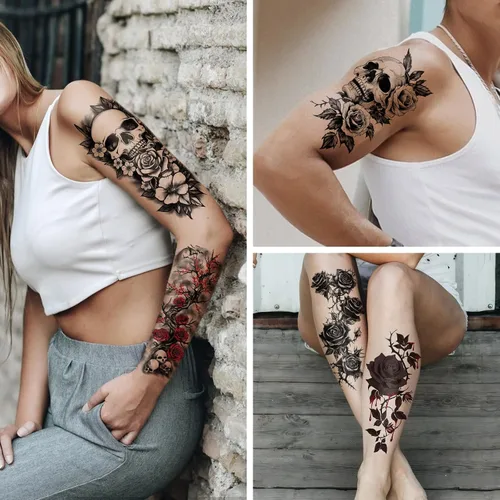 Vista 4 de Tatuajes temporales para hombres y mujeres adultos, 77 hojas de calcomanías de tatuaje falsas, lágrimas de serpiente, relojes, planetas