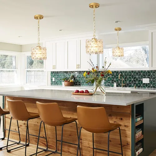 Vista 4 de Lámpara colgante de cristal, lámpara de techo colgante ajustable dorada moderna para isla de cocina, comedor, sala de estar, dormitorio