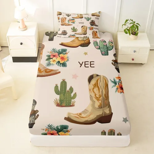 Vista 7 de Erosebridal Western Cowgirl Sheet Set Twin Western Cowboy Bed Sheets for Kids Boys Girls Horseshoe Boots Southwestern Flat Fitted Sheet Wild West