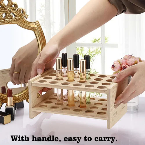Vista 8 de ELLDOO Organizador de perfume Rollerball, soporte de almacenamiento de perfume de bambú para 24 espacios, soporte de aroma de belleza con asa