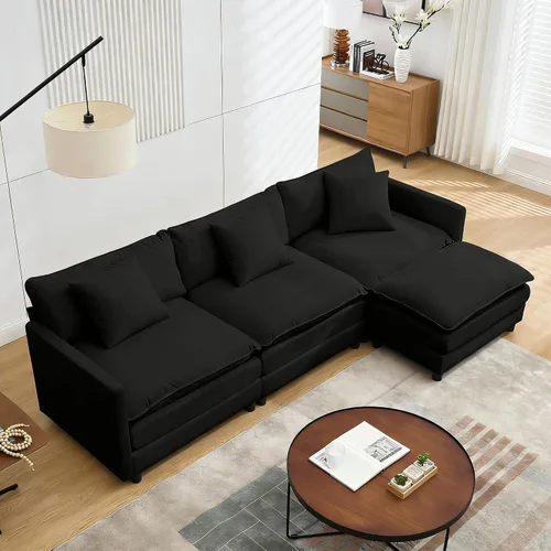 Vista 21 de Sofá modular modular de pana de 108.27 pulgadas, moderno juego de sofá para sala de estar con 3 asientos, 1 otomana y 3 almohadas, cómodos sofás