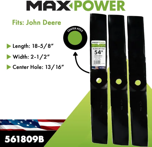 Vista 2 de MaxPower 561809B3 - Juego de 3 cuchillas fabricadas en Estados Unidos Para muchos 54 pulgadas. Cortacéspedes John Deere, reemplaza a OEM # M115496