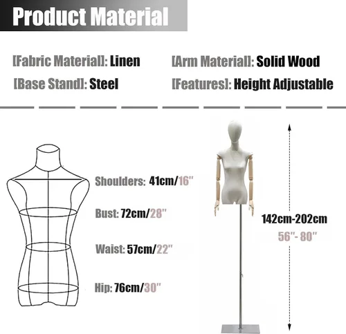 Vista 6 de Adjustable Female Mannequin Torso with Head & Wooden Arms - Ideal Dress Form for Sewing, Clothing Display, Jewelry Showcase, Tailoring & Fashion
