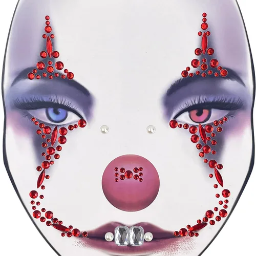 Vista 6 de Paquete de 2 calcomanías de cara de Halloween, gemas de payaso, maquillaje de monja, tatuaje de cara temporal de diamantes de imitación