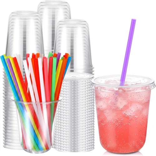 Vista 16 de Ziliny - Paquete de 50 vasos de plástico de 12 onzas con tapas, pajitas