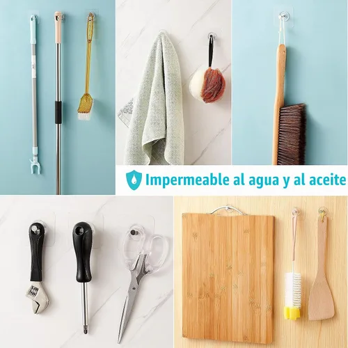 Vista 5 de Ganchos de pared adhesivos reutilizables de 13.5 libras (máx.) transparentes, impermeables y resistentes al aceite para baño y cocina, resistentes