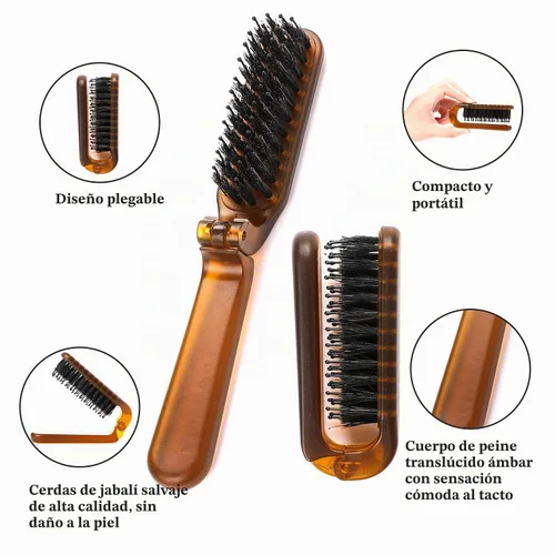 Vista 3 de Sliverdew Cepillo de pelo, mini cepillo de pelo plegable de cerdas de jabalí para mujeres y hombres, pequeño mini cepillo compacto tamaño de Ámbar