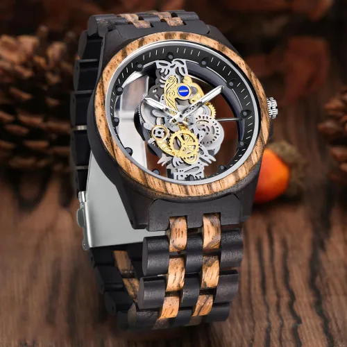 Vista 2 de Dentily Reloj de madera para hombre, reloj de madera ligero para hombre, relojes analógicos de madera de cuarzo para hombres