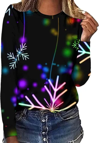 Vista 4 de Women'S Sweatshirt Shirts Funny Christmas Pattern Printed Pullover Lightweight Comfy Sweater Drop Shoulder Fall Tops Novedad Recent Orders Black